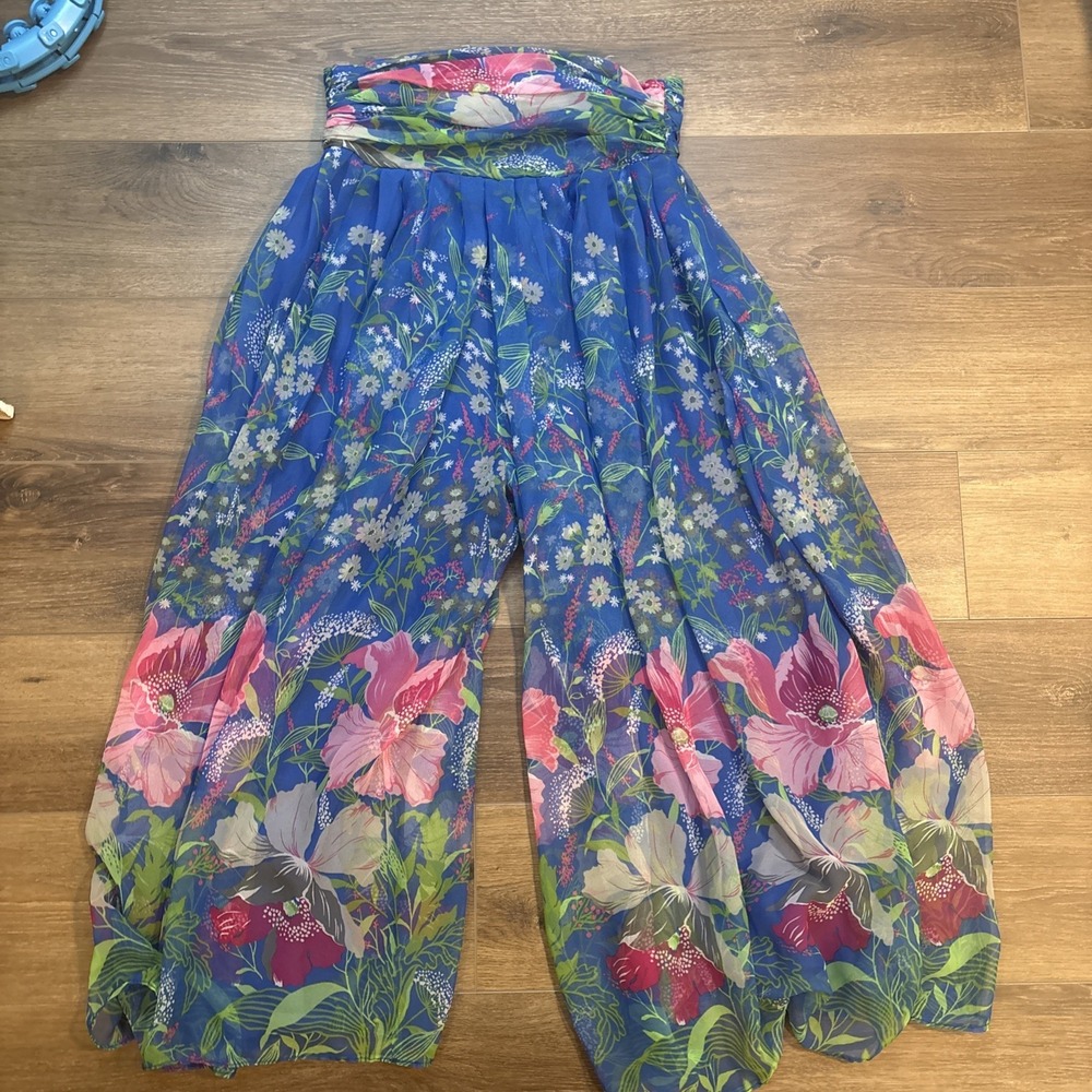Vintage Jack Bryan Romper 70s Watercolor Chiffon Strapless Gaucho Rare Floral